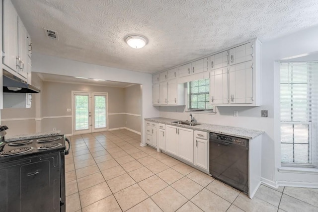 2173 Martin Way, Jonesboro, GA 30236 - kitchen with black appliances, under cabinet range hood, a sink, light tile patterned floors, and french doors
