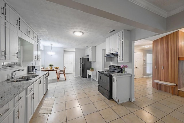 2173 Martin Way, Jonesboro, GA 30236 - kitchen featuring black appliances, a sink, light tile patterned floors, under cabinet range hood, and light stone counters