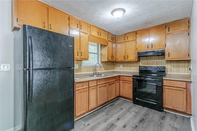 4342 Lincolndale Dr, Ellenwood, GA 30294 - kitchen featuring black appliances, a sink, under cabinet range hood, light wood finished floors, and light countertops