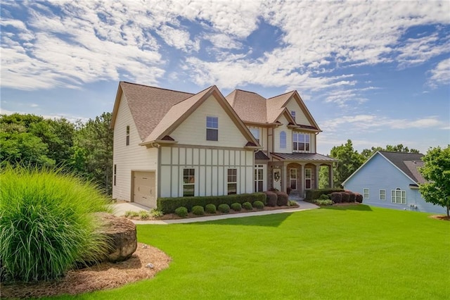 exterior space featuring a garage and a lawn