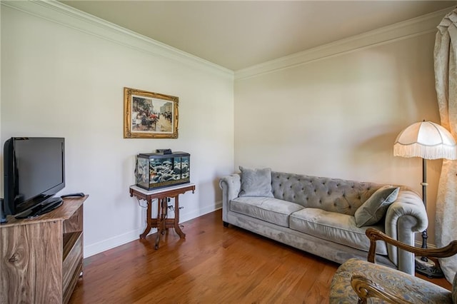 living room with crown molding and dark hardwood / wood-style flooring