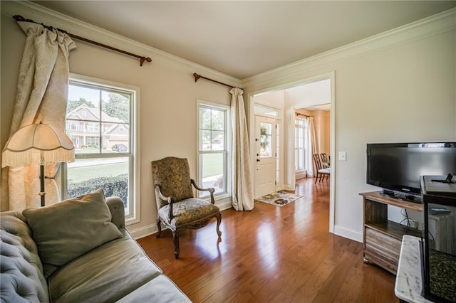 sitting room featuring hardwood / wood-style flooring and ornamental molding