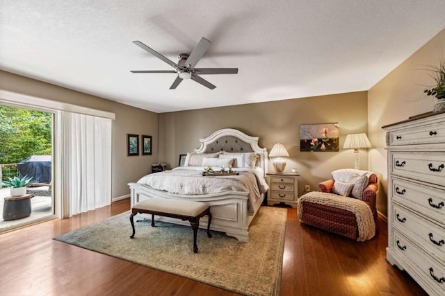 bedroom with ceiling fan, access to outside, and hardwood / wood-style flooring