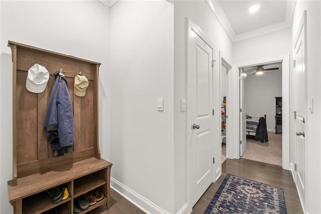 mudroom with crown molding and dark wood-type flooring