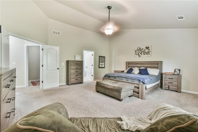 3060 Mccannon Mill Dr, Dacula, GA 30019 - bedroom featuring light colored carpet, baseboards, and high vaulted ceiling
