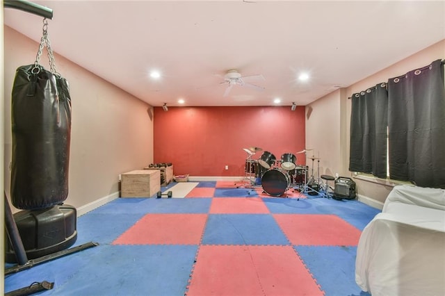 3060 Mccannon Mill Dr, Dacula, GA 30019 - workout area with a ceiling fan, a wood stove, recessed lighting, and baseboards