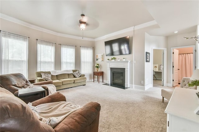 3060 Mccannon Mill Dr, Dacula, GA 30019 - living area featuring light carpet, ornamental molding, a ceiling fan, a fireplace with flush hearth, and baseboards