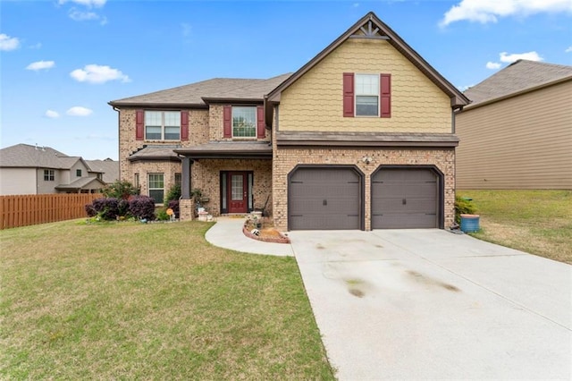 view of front of property with a front lawn and a garage