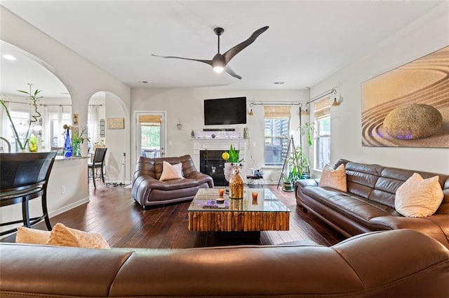 living room with dark hardwood / wood-style floors, plenty of natural light, and ceiling fan