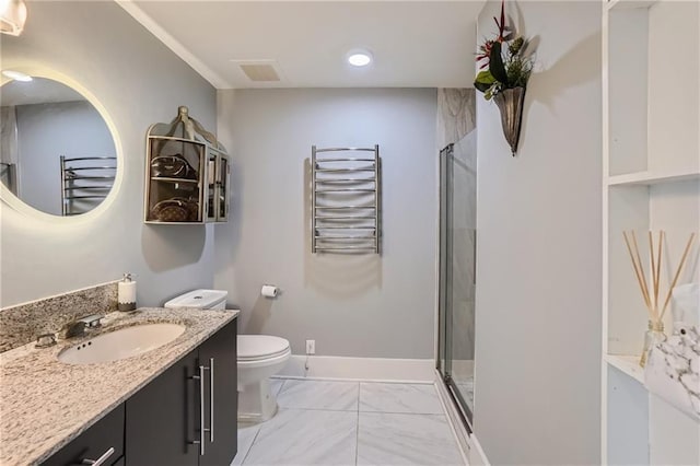 3338 Peachtree Rd NE Unit 1507, Atlanta, GA 30326 - bathroom featuring radiator heating unit, vanity, marble finish floors, a shower stall, and recessed lighting