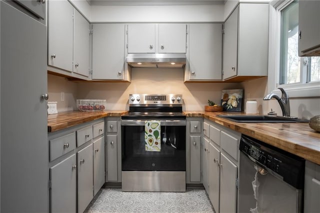 kitchen with gray cabinets, appliances with stainless steel finishes, sink, and wooden counters