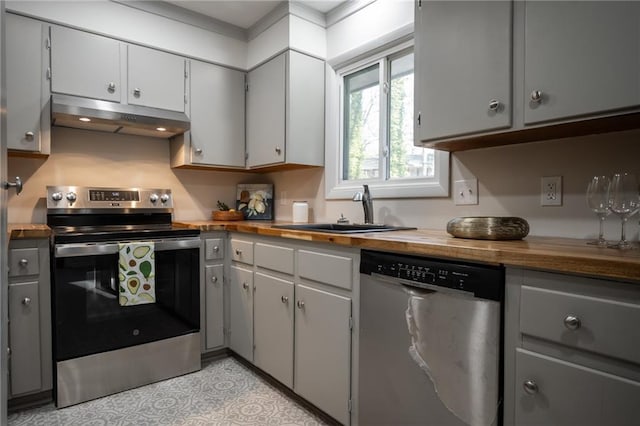 kitchen with butcher block countertops, sink, gray cabinets, and stainless steel appliances