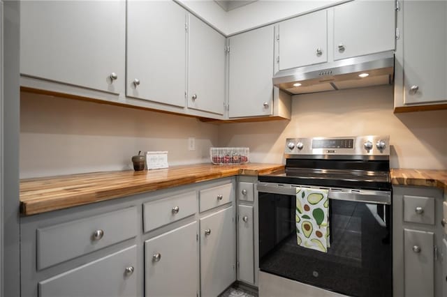 kitchen with white cabinetry, wood counters, and stainless steel electric range