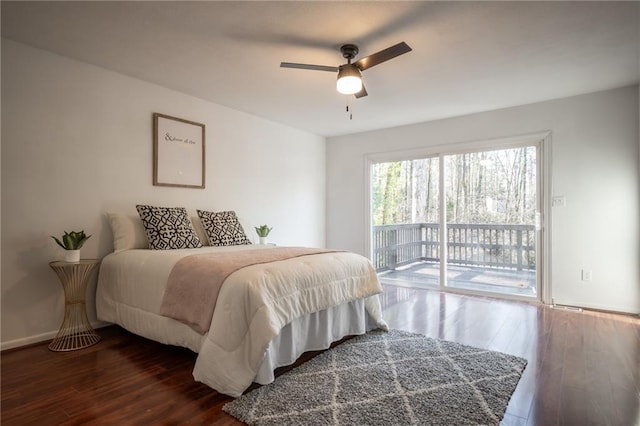 bedroom with dark wood-type flooring, access to exterior, and ceiling fan