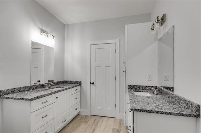 bathroom with two vanities, a sink, and wood finished floors