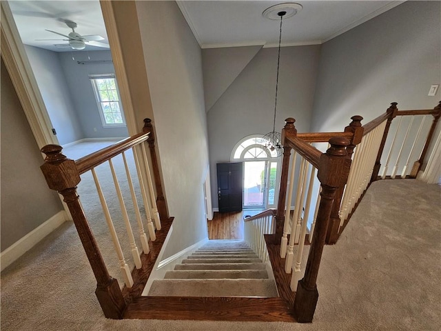staircase featuring ceiling fan with notable chandelier, baseboards, carpet floors, and ornamental molding