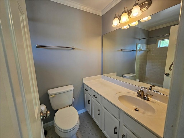 full bath with tile patterned floors, toilet, vanity, baseboards, and a shower