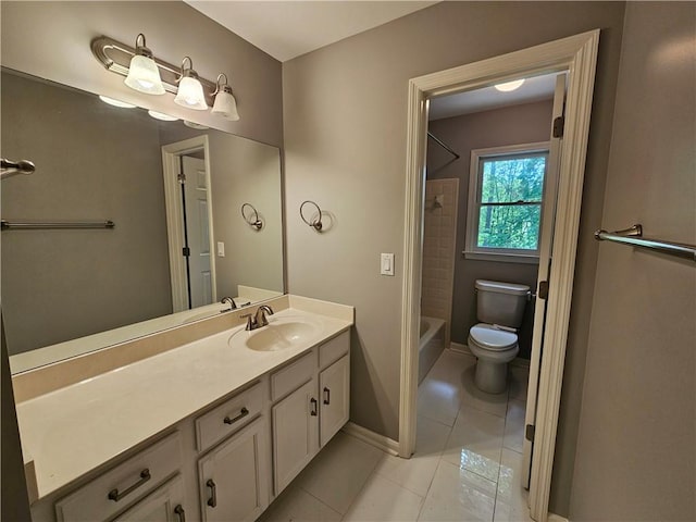 bathroom featuring toilet, baseboards, shower / bath combination, tile patterned flooring, and vanity