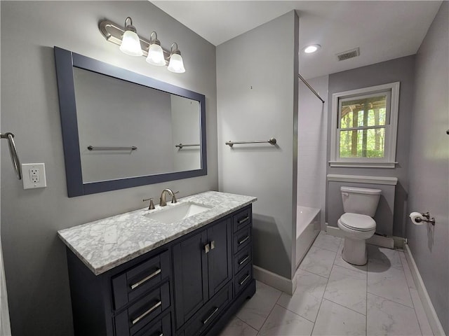 full bathroom featuring toilet, vanity, marble finish floor, baseboards, and visible vents