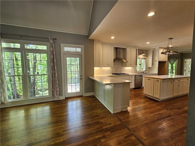 kitchen with dishwasher, a healthy amount of sunlight, a sink, and wall chimney range hood