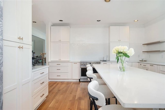 kitchen with white cabinetry, a breakfast bar area, light countertops, and high end stainless steel range