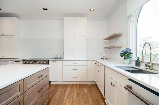 kitchen with dishwasher, light countertops, a sink, and crown molding