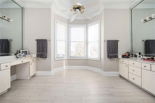 full bath with ceiling fan, ornamental molding, vanity, and baseboards