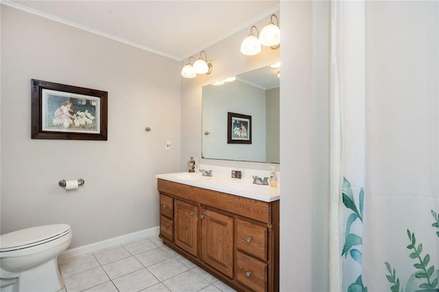 full bath featuring double vanity, toilet, ornamental molding, a sink, and tile patterned floors