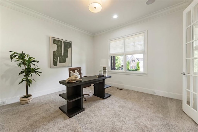 16720 Quayside Dr, Alpharetta, GA 30004 - carpeted home office featuring crown molding, baseboards, and recessed lighting