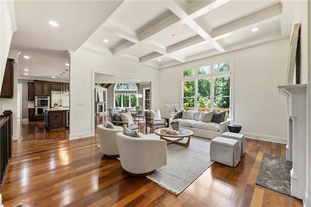 16720 Quayside Dr, Alpharetta, GA 30004 - living room with beam ceiling, dark wood-style flooring, coffered ceiling, recessed lighting, and baseboards