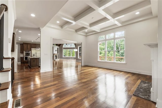 unfurnished living room with dark wood-style floors, beam ceiling, coffered ceiling, baseboards, and recessed lighting
