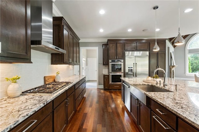 16720 Quayside Dr, Alpharetta, GA 30004 - kitchen with wall chimney exhaust hood, appliances with stainless steel finishes, a sink, dark wood-style floors, and crown molding
