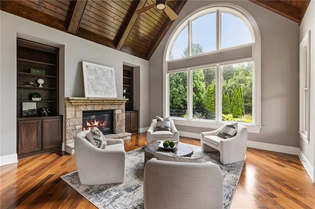 16720 Quayside Dr, Alpharetta, GA 30004 - living room featuring wood ceiling with exposed beams, a stone fireplace, wood finished floors, baseboards, and built in features
