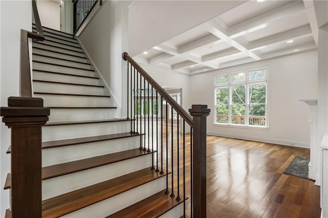 16720 Quayside Dr, Alpharetta, GA 30004 - staircase with beam ceiling, hardwood / wood-style flooring, recessed lighting, coffered ceiling, and baseboards