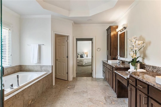 16720 Quayside Dr, Alpharetta, GA 30004 - ensuite bathroom featuring a garden tub, vanity, ornamental molding, and a tray ceiling