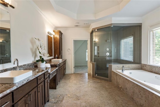 16720 Quayside Dr, Alpharetta, GA 30004 - full bath featuring double vanity, a stall shower, a bath, and ornamental molding
