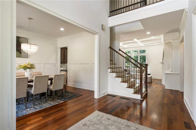 16720 Quayside Dr, Alpharetta, GA 30004 - entrance foyer featuring stairs, a chandelier, wood finished floors, recessed lighting, and crown molding