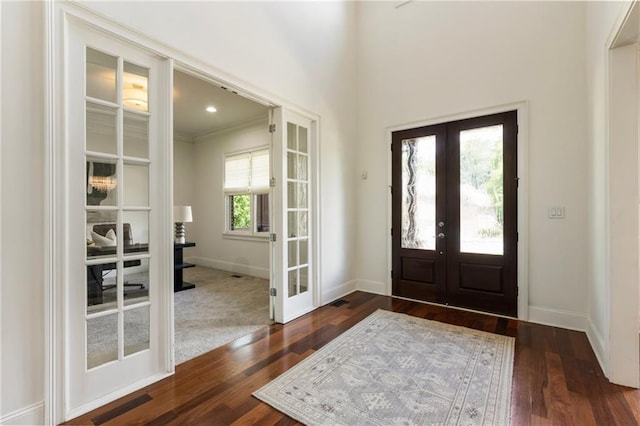 16720 Quayside Dr, Alpharetta, GA 30004 - entrance foyer with french doors, baseboards, wood finished floors, and ornamental molding