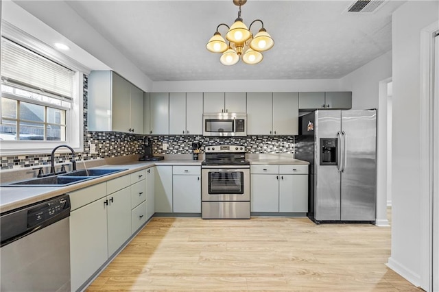 2858 Spring Villa Ln SE, Smyrna, GA 30080 - kitchen featuring stainless steel appliances, a sink, a chandelier, light wood-type flooring, and tasteful backsplash