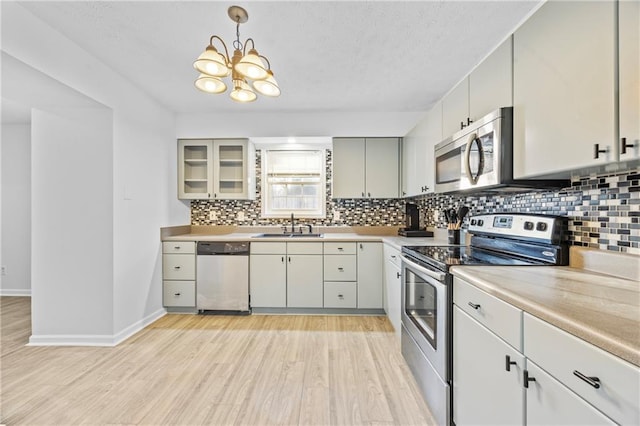 2858 Spring Villa Ln SE, Smyrna, GA 30080 - kitchen with appliances with stainless steel finishes, a sink, light wood-style floors, tasteful backsplash, and a textured ceiling