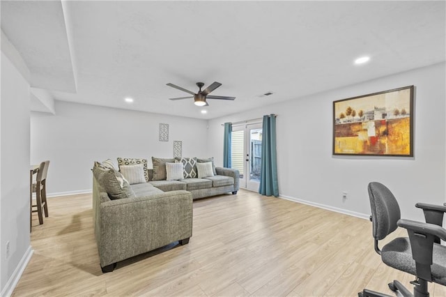 2858 Spring Villa Ln SE, Smyrna, GA 30080 - living area featuring ceiling fan, light wood finished floors, baseboards, and recessed lighting