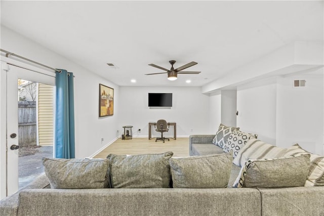 2858 Spring Villa Ln SE, Smyrna, GA 30080 - living room with a ceiling fan, light wood-style floors, baseboards, and recessed lighting