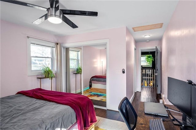 bedroom featuring a closet, ceiling fan, and dark wood-type flooring