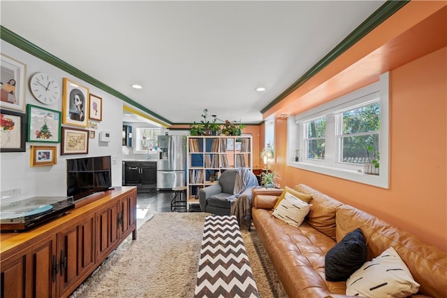 living room featuring crown molding