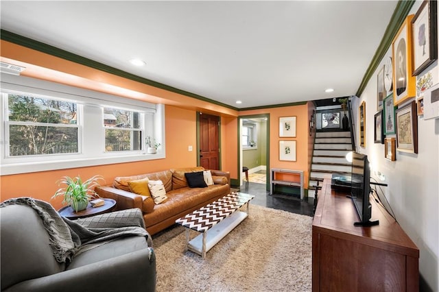 living room featuring crown molding and dark wood-type flooring