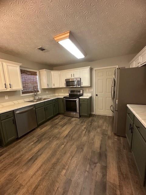 1732 Wyntercreek Ln, Hoschton, GA 30548 - kitchen with a sink, stainless steel appliances, a textured ceiling, and white cabinetry