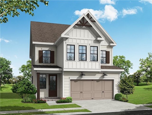 view of front of home with board and batten siding, a front yard, a garage, concrete driveway, and a shingled roof