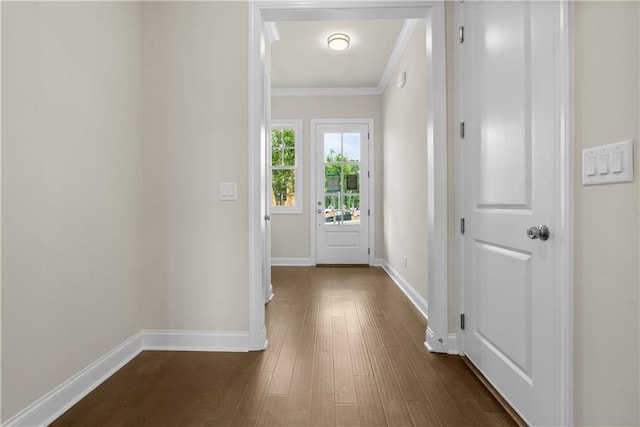 636 Silva St, Cumming, GA 30040 - doorway to outside featuring ornamental molding, dark wood finished floors, and baseboards