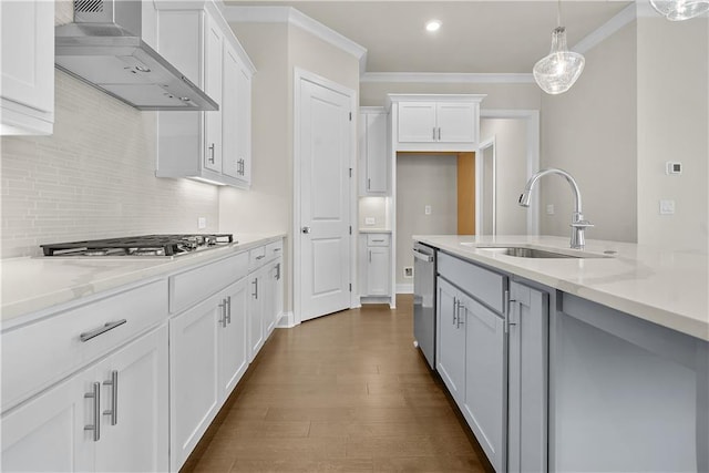636 Silva St, Cumming, GA 30040 - kitchen with wall chimney exhaust hood, a sink, appliances with stainless steel finishes, tasteful backsplash, and white cabinets