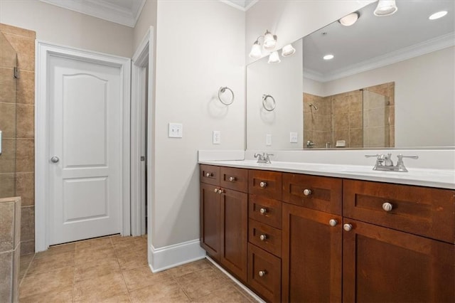 bathroom featuring vanity, tile patterned floors, ornamental molding, and walk in shower